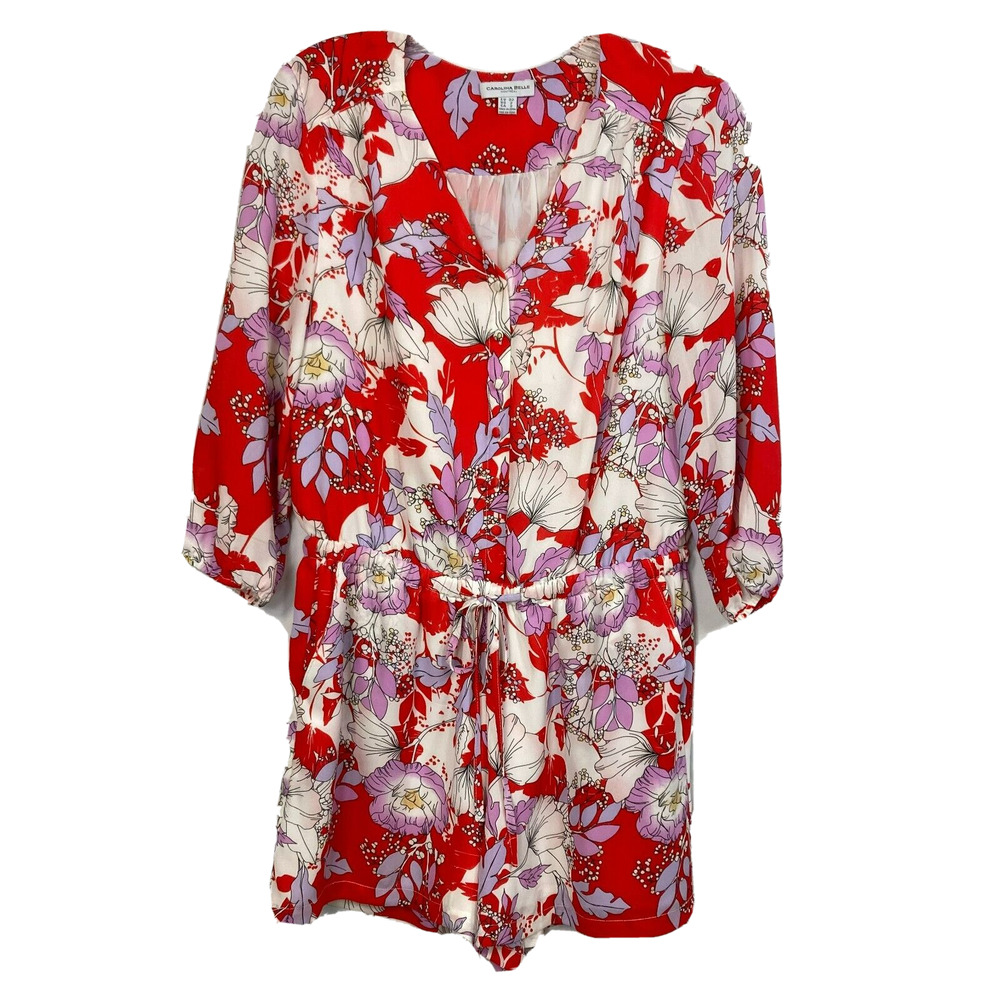 Carolina Belle Romper Womens Sz 2 Red White Floral Shorts Drawstring 1/2 Sleeve